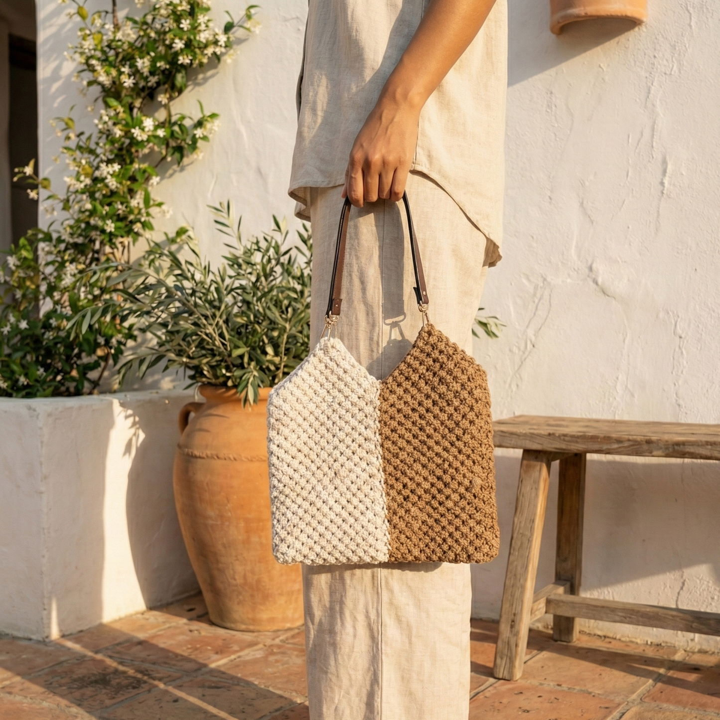 Sora Handcrafted Crochet Mini Tote – Ivory & Mocha