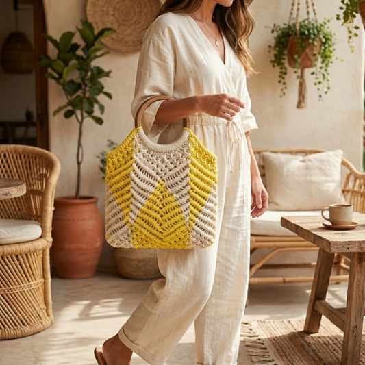 Solara Knit Top-Handle Bag – Mustard Ivory